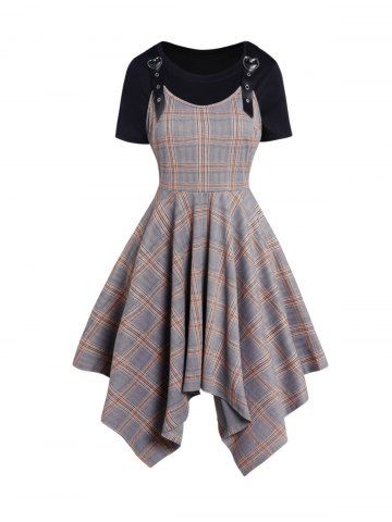 Plaid Print Adjustable Strap Asymmetric Dress And Basic Short Sleeve T-shirt Set - GRAY - S