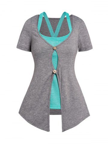 Short Sleeve Dual Buttons Pointed Hem Top And Crossover Tank Top Set