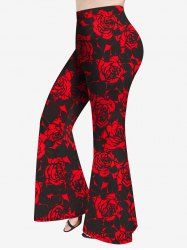 Plus Size Rose Print Flare Pants -  