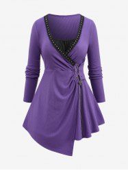 T-shirt Asymétrique Plissé à Ourlet en Dentelle à Chaîne Grande Taille à Lacets - Pourpre  2X | US 18-20