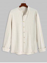 Men's Daily Casual Pinstriped Linen Textured Stand Collar Long Sleeve Button Up Shirt -  