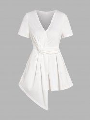 Plain Color V Neck Twisted Asymmetrical Hem Short Sleeve T Shirt -  