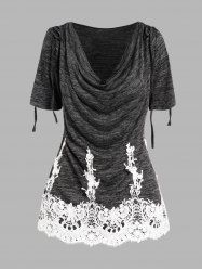 Space Dye Draped Lace Panel Cinched Shoulder T Shirt -  