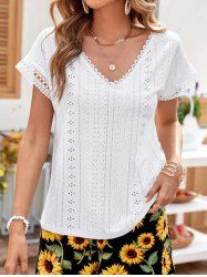 Plain Color Eyelet Embroidery V Neck Short Sleeve Casual T Shirt -  