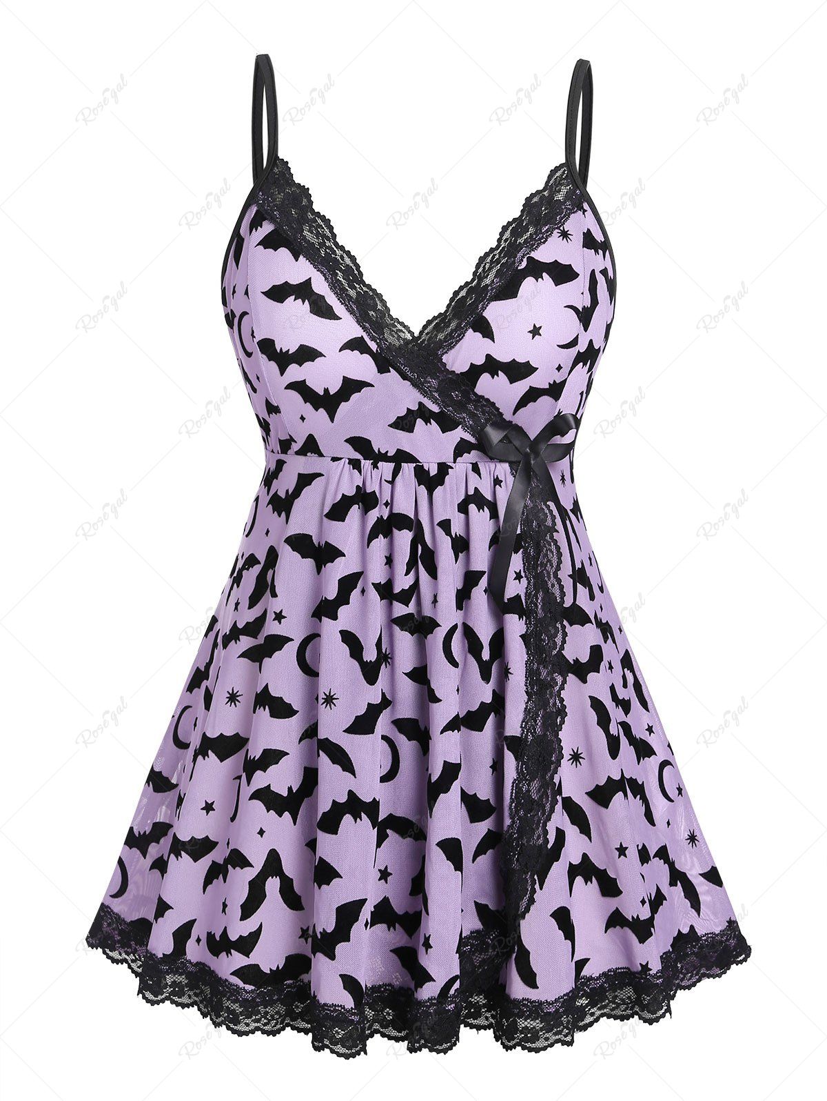 Outfits Plus Size Star Bat Moon Printed Lace Trim Mesh Lingerie Set(Adjustable Shoulder Strap)  