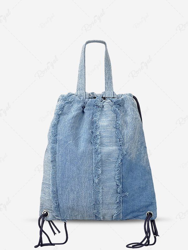 Buy Women's Daily Denim Outdoor Sports Drawstring Frayed Fringed Design Shoulder Bag  
