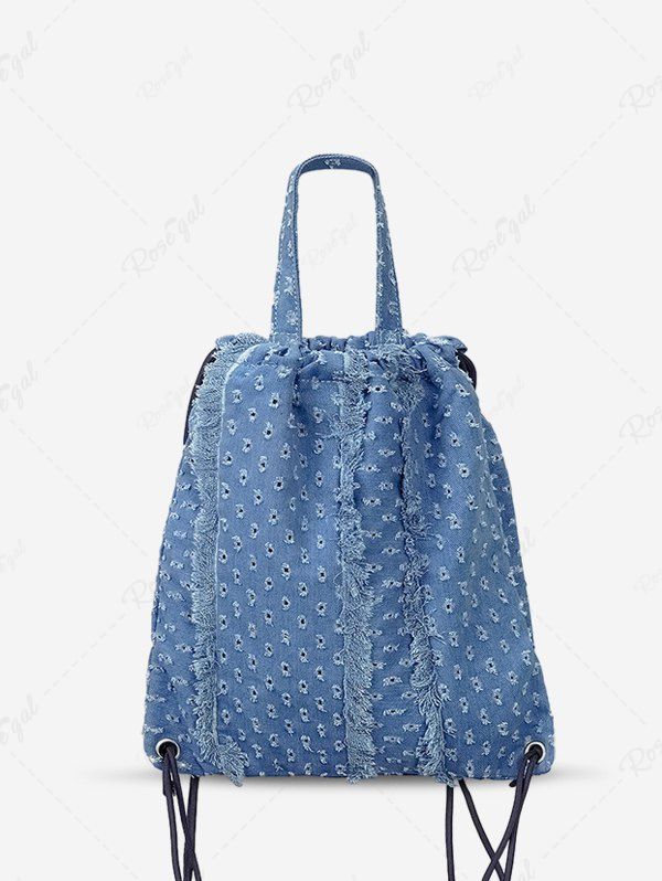 Unique Women's Daily Denim Outdoor Sports Drawstring Frayed Fringed Design Shoulder Bag  