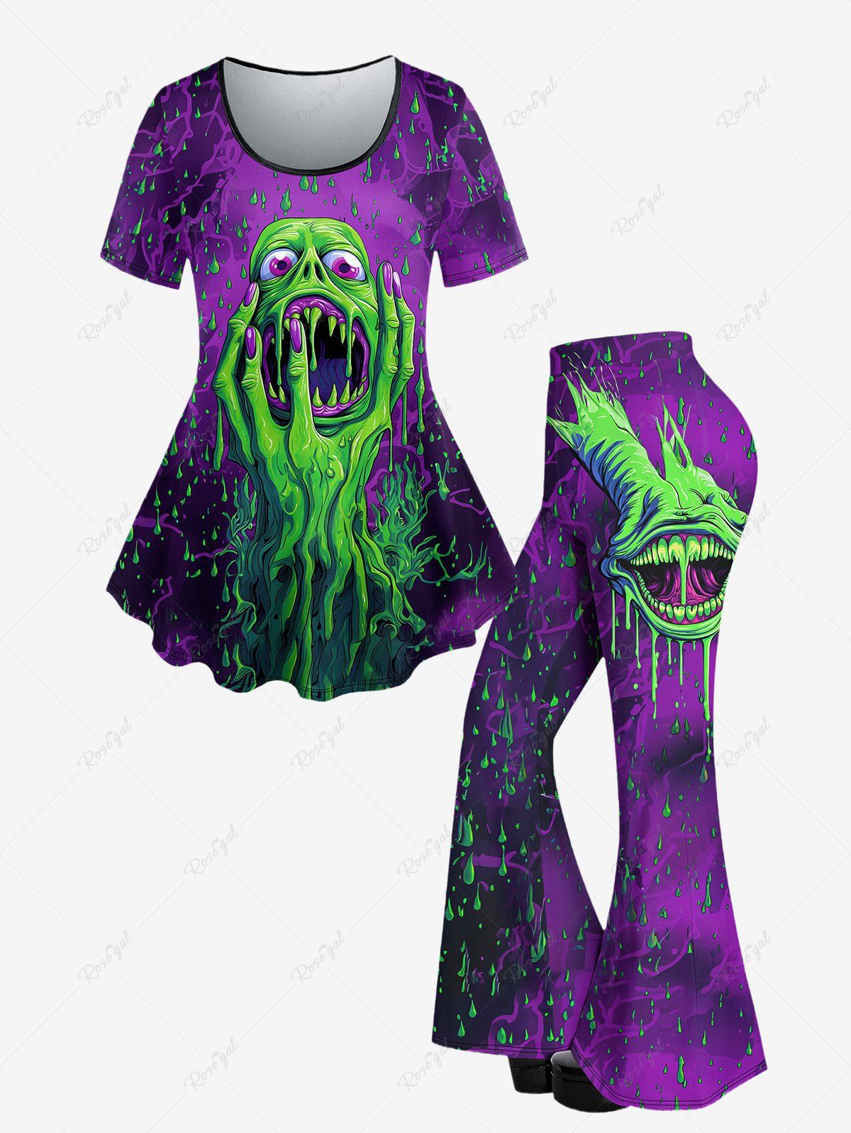 Outfit Gothic Monster Palm Rainy Printed Short Sleeves T-shirt and Flare Pants Outfit  