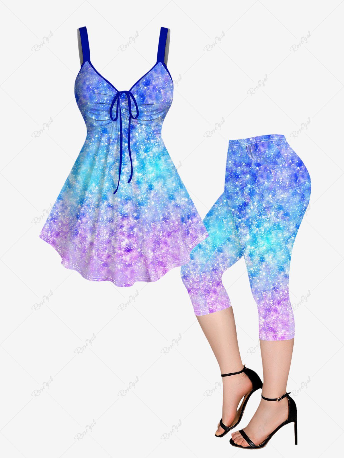 Chic Plus Size Ombre 3D Sparkling Sequin Printed Cinched Tank Top and Pockets Capri Leggings Outfit  