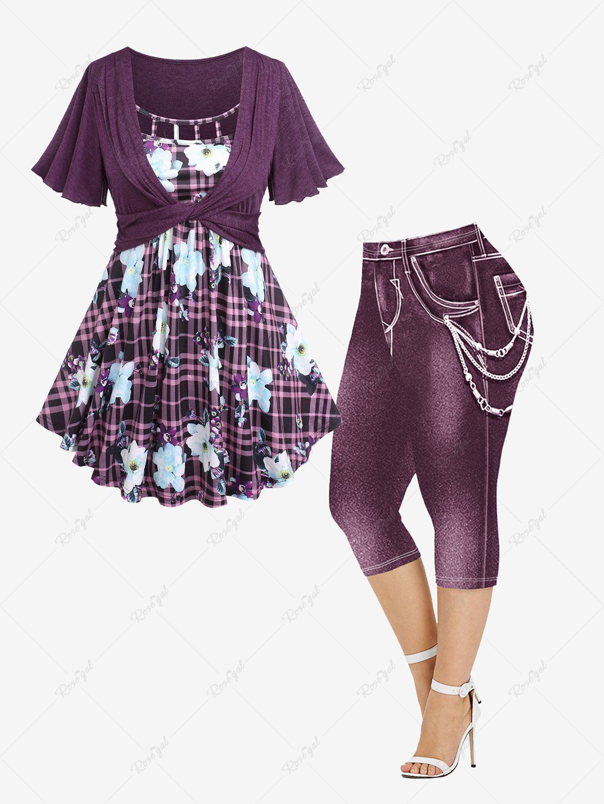 Cheap Plaid Flower Printed Twist Hollow Out Panel T-shirt and 3D Chain Jeans Printed Leggings Plus Size Outfit  