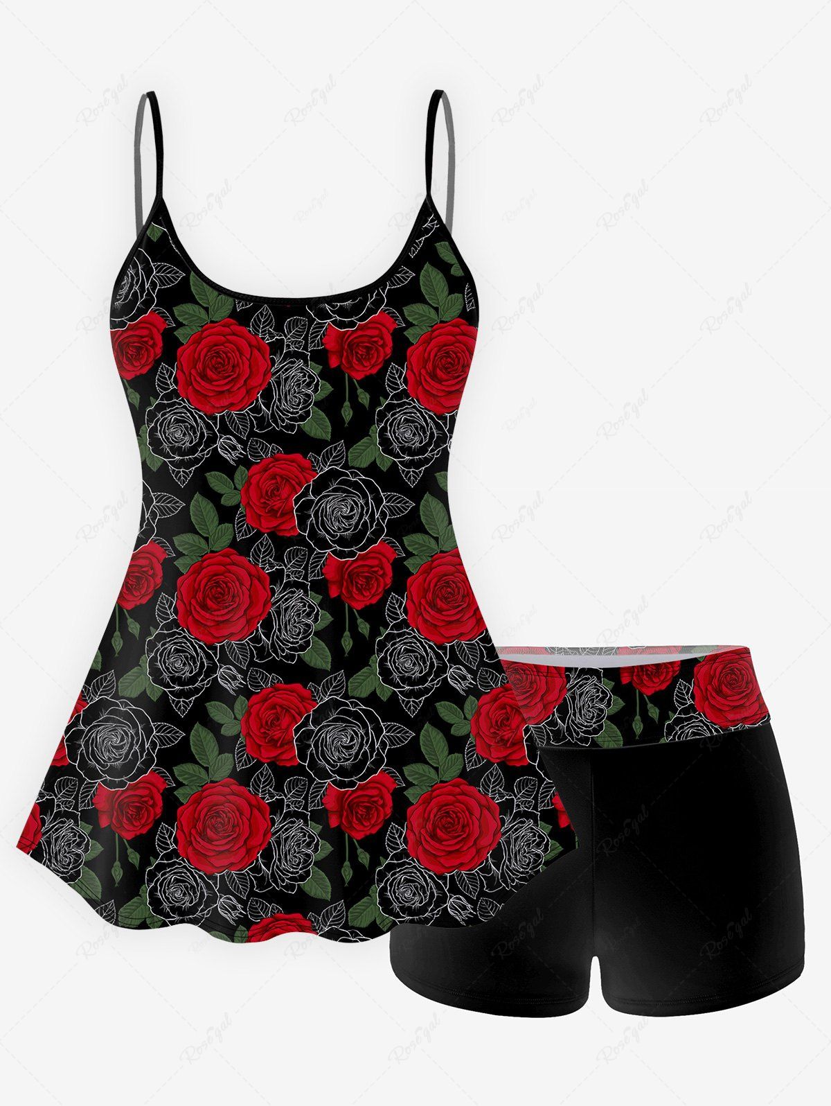 Online Rose Leaf Print Boyshorts Tankini Swimsuit (Adjustable Shoulder Strap)  