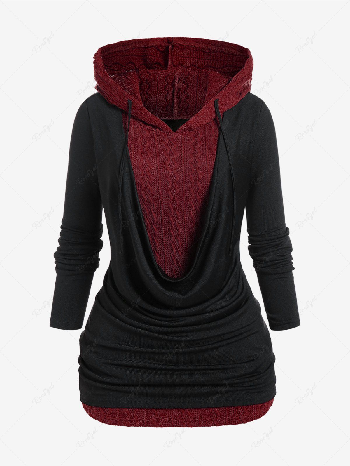 Discount Plus Size Cowl Front Hooded 2 in 1 Cable Knit Top  