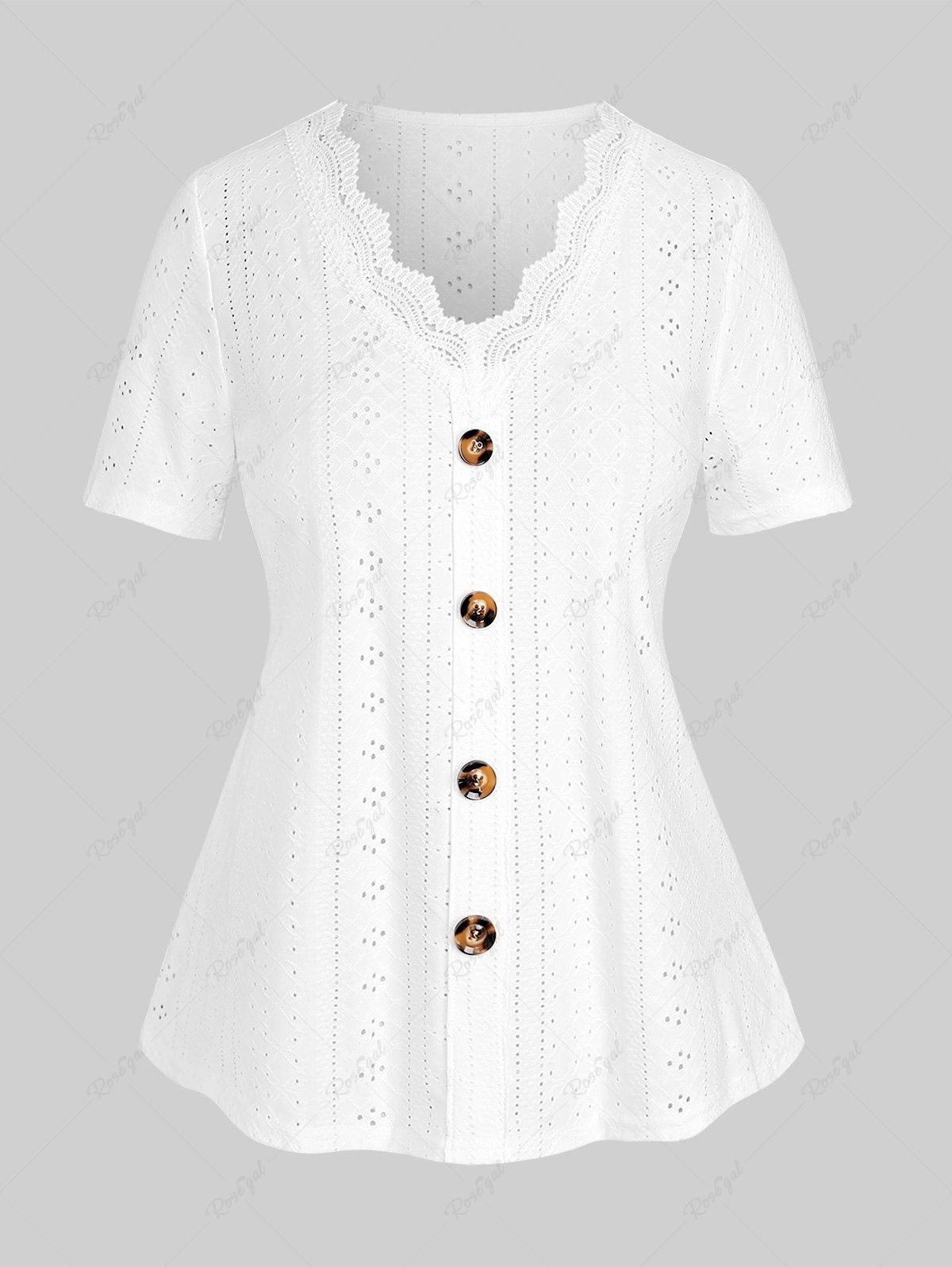 Latest Plus Size Hollow Out Lace Trim Buttons T-shirt  