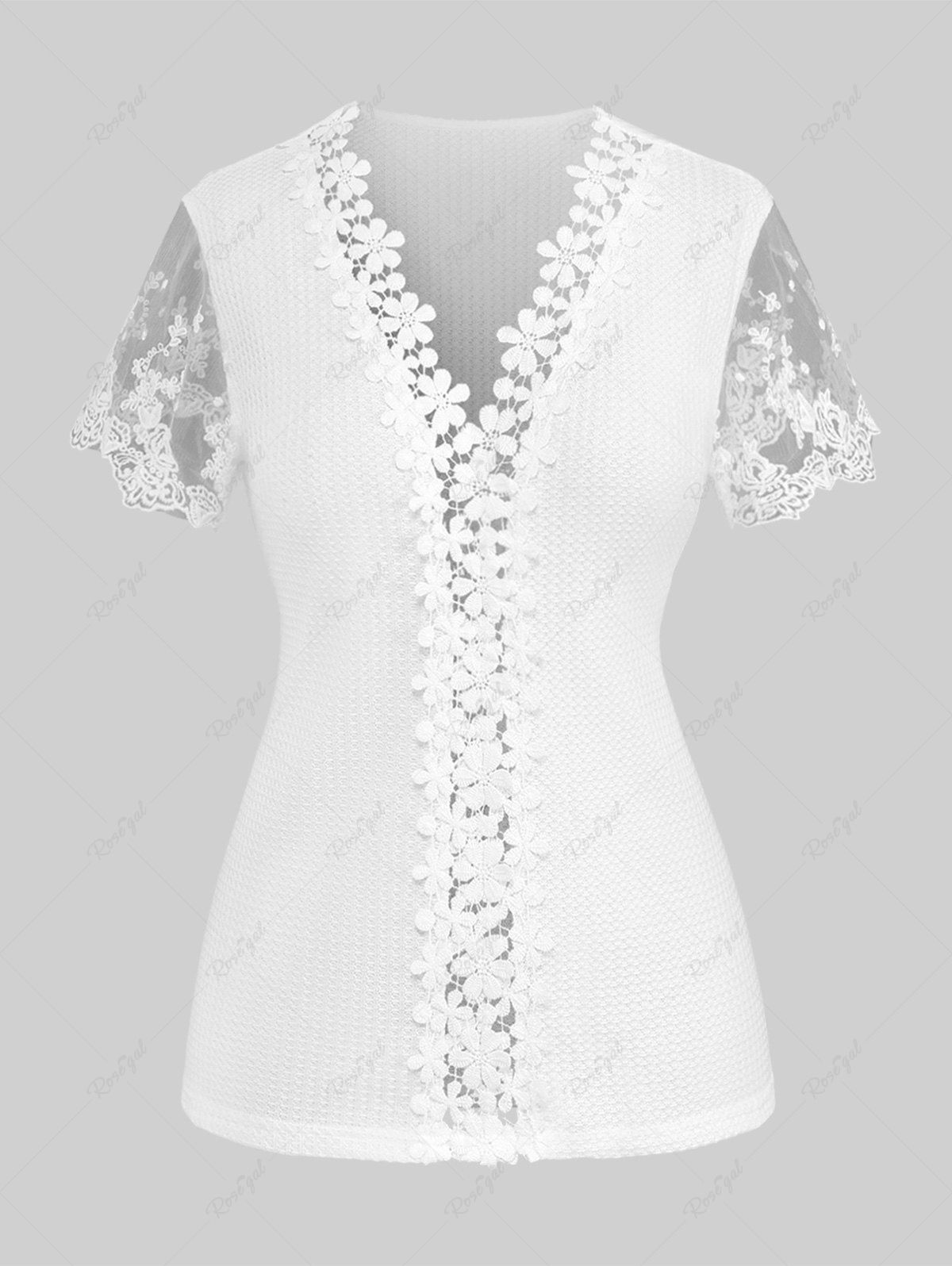 T-shirt Texturé Applique de Grande Taille à Manches en Dentelle Transparente Blanc 2XL
