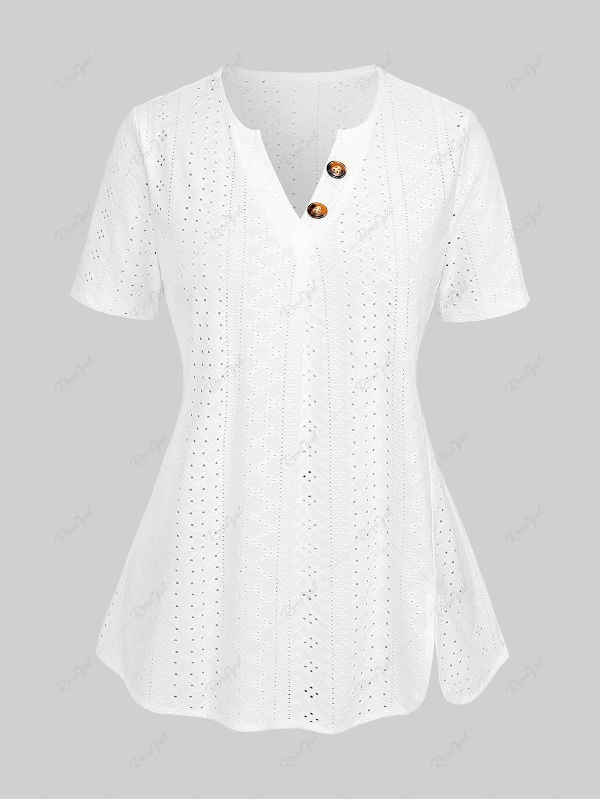 T-shirt Découpé Fendu avec Boutons de Grande Taille Blanc 3XL