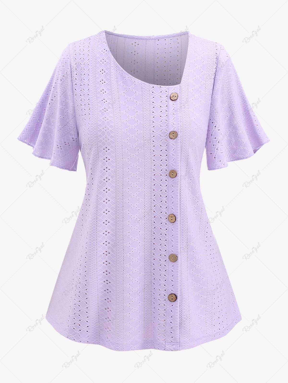 T-shirt Découpé Boutonné de Grande Taille Pourpre  2XL