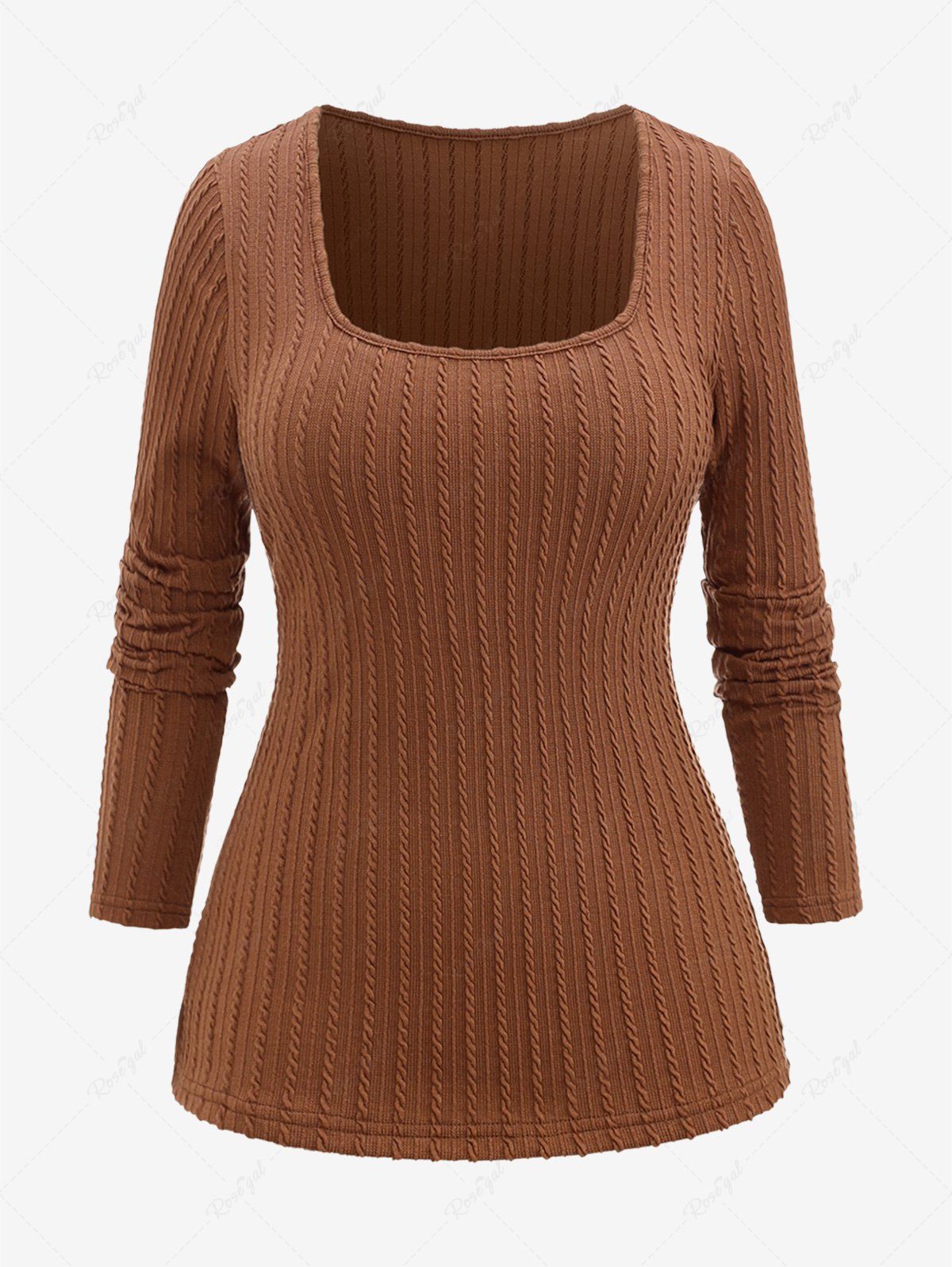 Best Plus Size Square Neck Textured Ribbed Solid Cable Knit Long Sleeves Top  