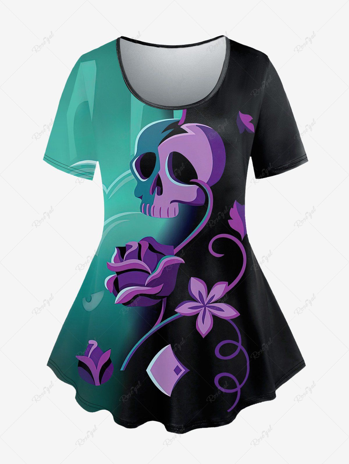 T-Shirt à Imprimé Jointif Crâne Fleurs et Feuilles à Deux-Tons Grande-Taille pour Halloween Vert 6X