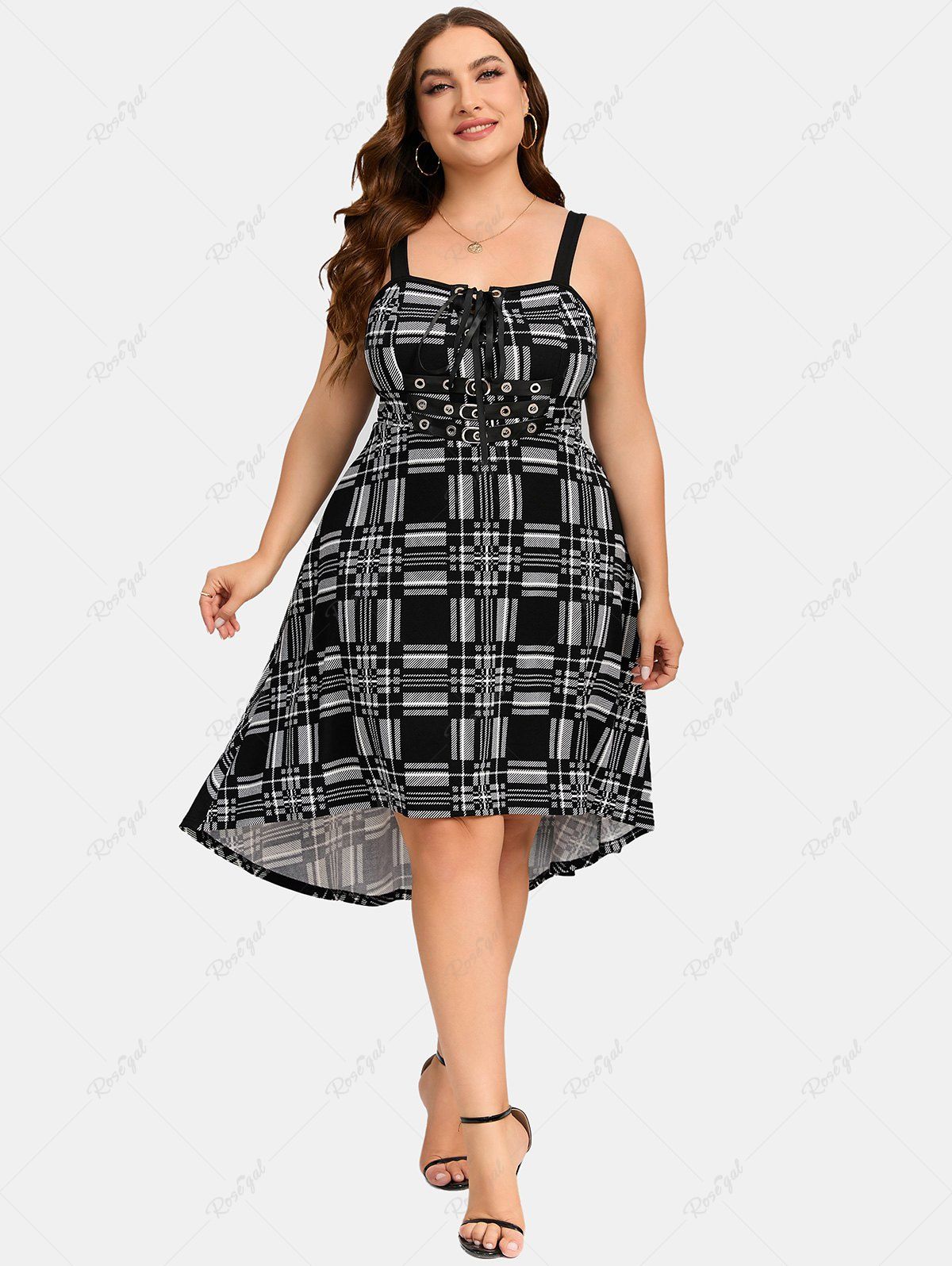 Affordable Plus Size Lace-up Grommet Backless High Low Plaid Midi Dress  