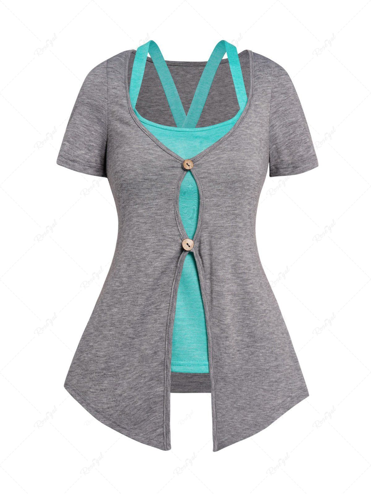 Chic Short Sleeve Dual Buttons Pointed Hem Top And Crossover Tank Top Set  
