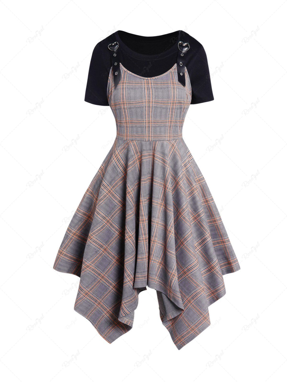 Outfits Plaid Print Adjustable Strap Asymmetric Dress And Basic Short Sleeve T-shirt Set  
