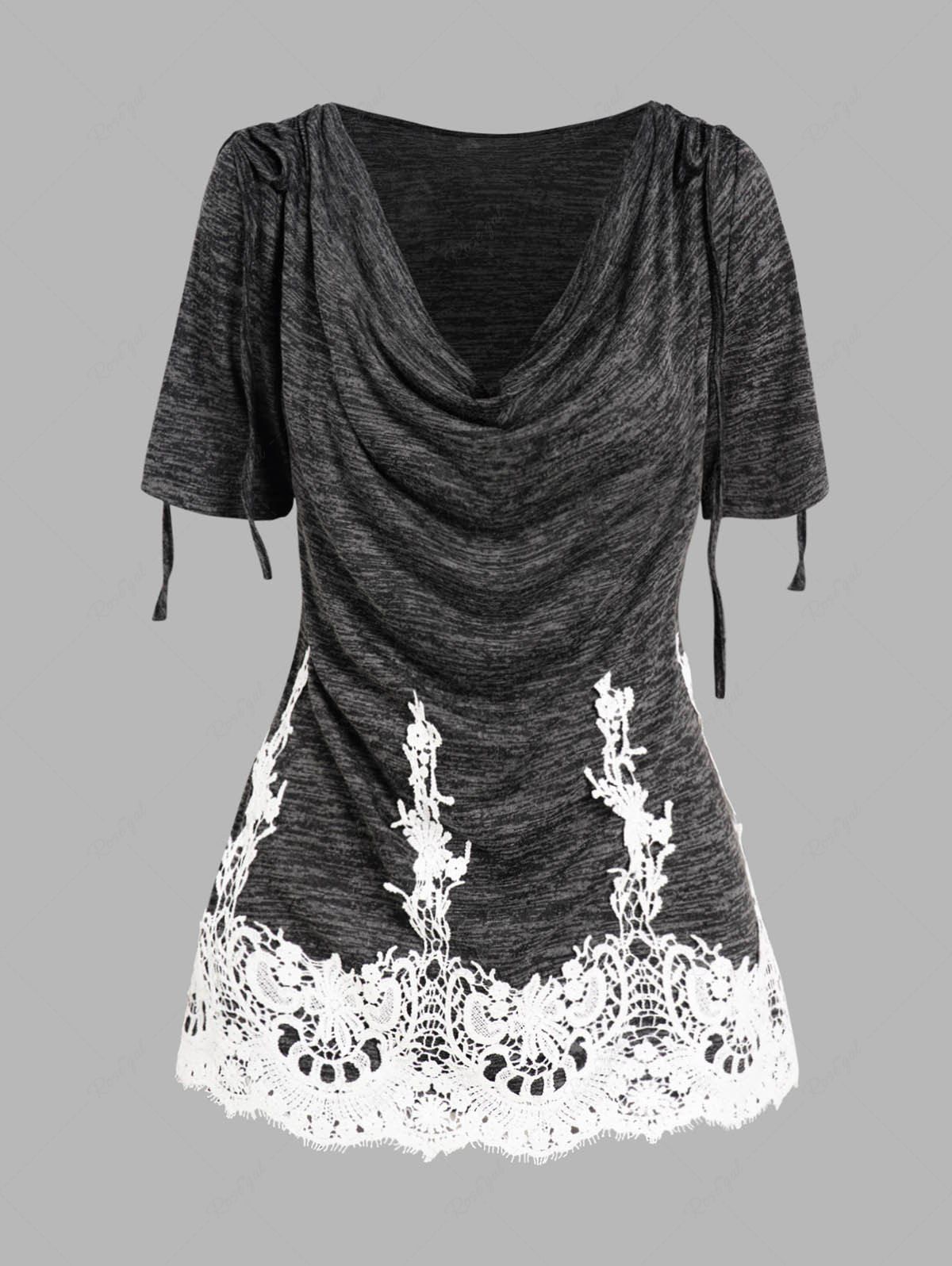 Outfits Space Dye Draped Lace Panel Cinched Shoulder T Shirt  
