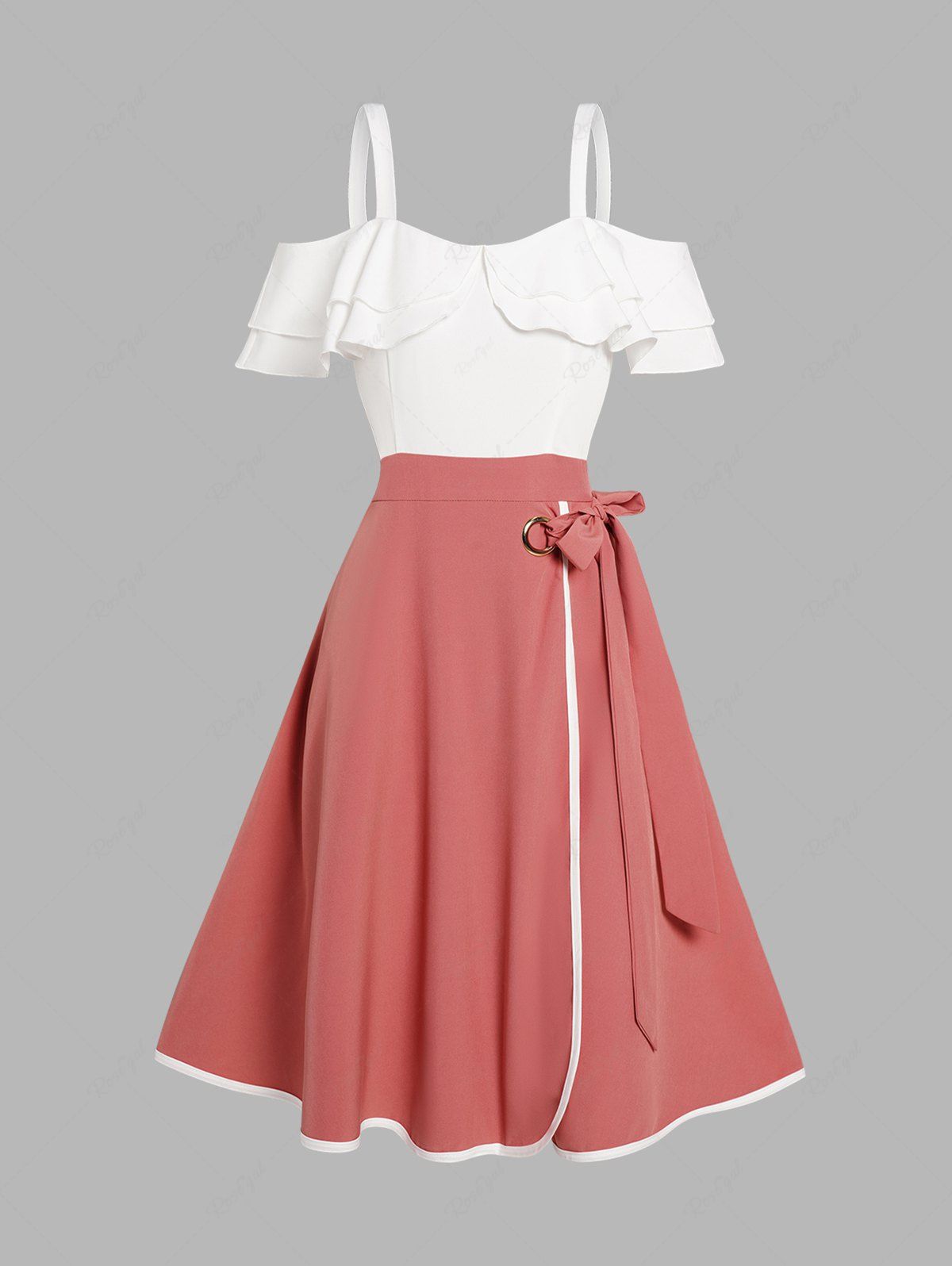 Hot Two Tone Cold Shoulder Layered Flounce Dress  