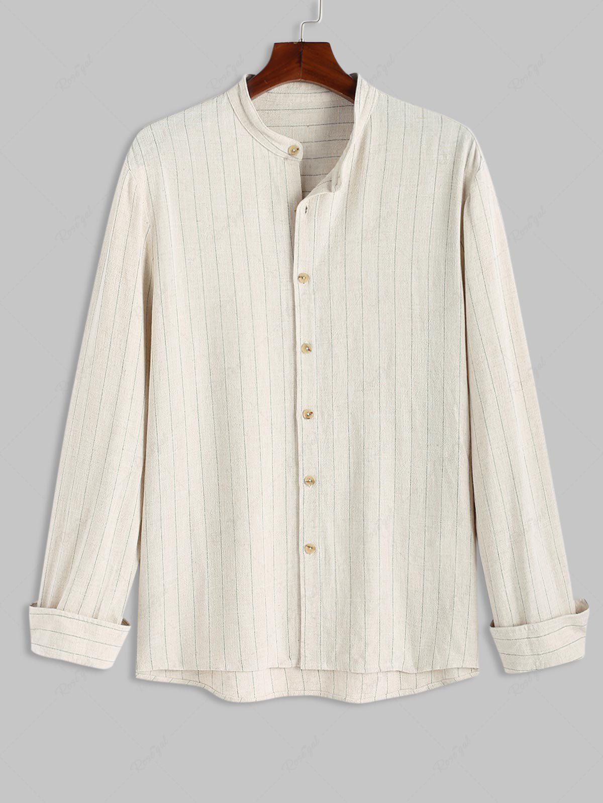 Latest Men's Daily Casual Pinstriped Linen Textured Stand Collar Long Sleeve Button Up Shirt  