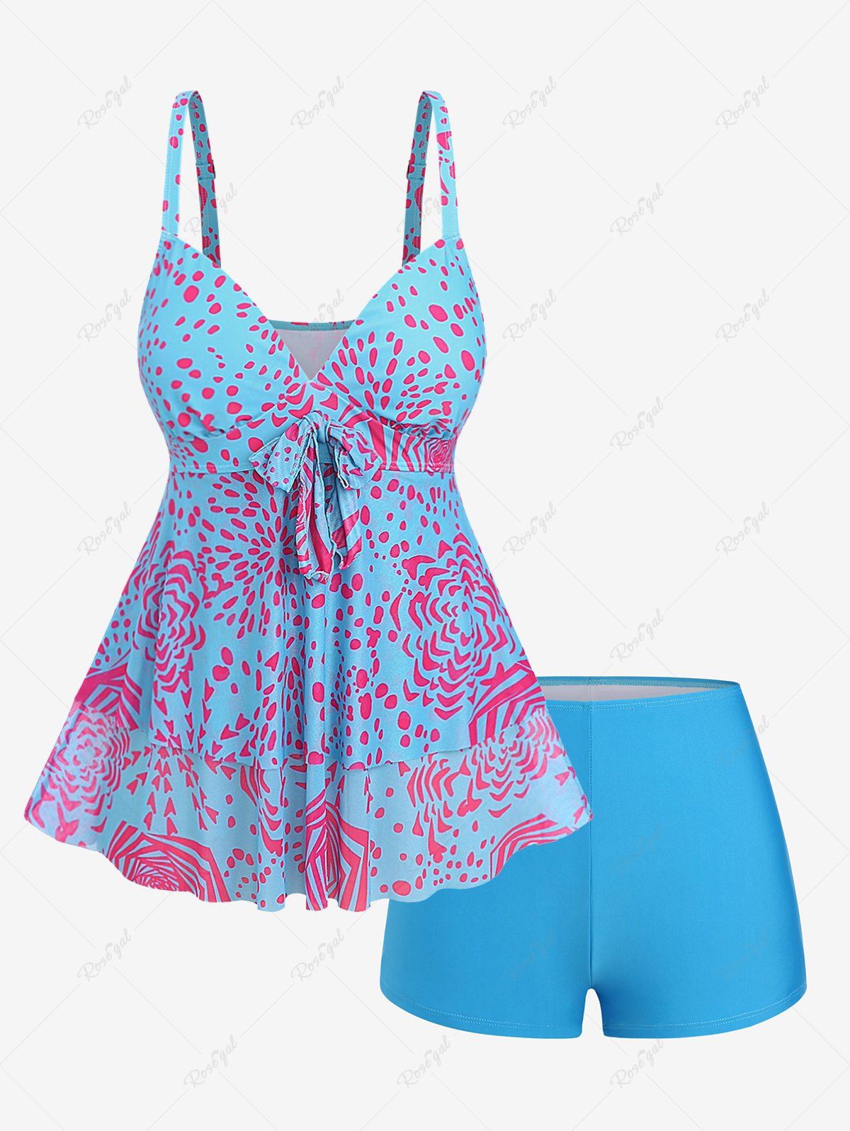 Outfit Plus Size Geo Bowknot Backless Padded Boyleg Modest Tankini Swimsuit (Adjusted-straps)  