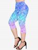 Plus Size Ombre 3D Sparkling Sequin Printed Cinched Tank Top and Pockets Capri Leggings Outfit -  