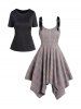 Plaid Print Adjustable Strap Asymmetric Dress And Basic Short Sleeve T-shirt Set -  