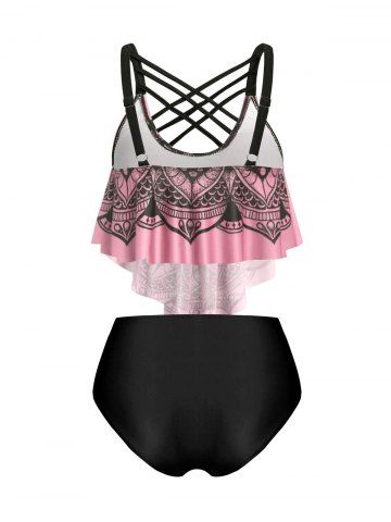 Skull Flower Print Criss-cross Padded Tankini Set