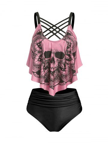 Skull Flower Print Criss-cross Padded Tankini Set