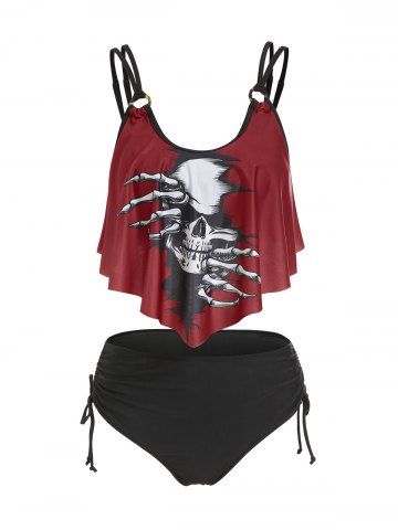 Skull Print Cinched Strappy Tankini Set - BLACK - M