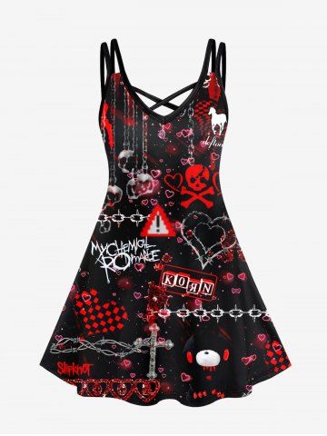 Halloween Plus Size Skull Cross Plaid Heart Bear Warning Print Crisscross Cami Dress - RED - XS