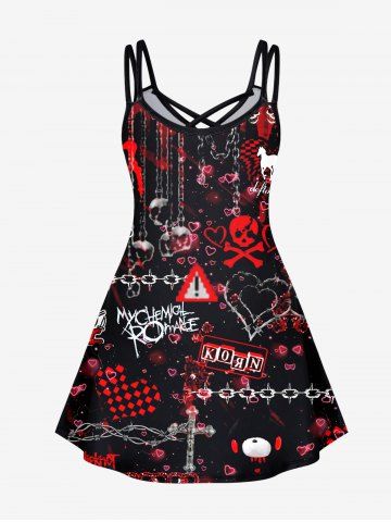 Halloween Plus Size Skull Cross Plaid Heart Bear Warning Print Crisscross Cami Dress