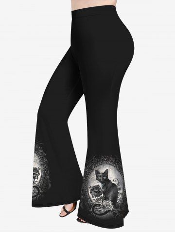 Plus Size Cat Rose Flower Mirror Print Flare Pants - BLACK - 3X