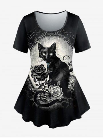Plus Size Cat Floral Mirror Print Short Sleeves T-shirt - BLACK - 2X