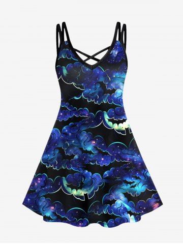 Gothic Colorful Galaxy Glitter Bat Print Crisscross Cami Dress - BLUE - 1X
