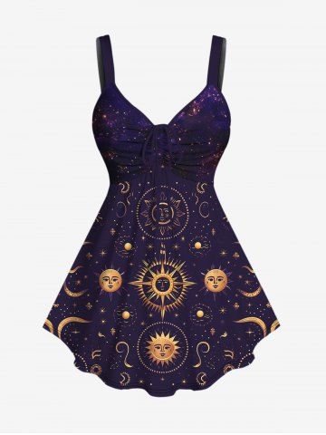 Gothic Sun Moon Star Galaxy Print Cinched Tank Top - DEEP BLUE - XS