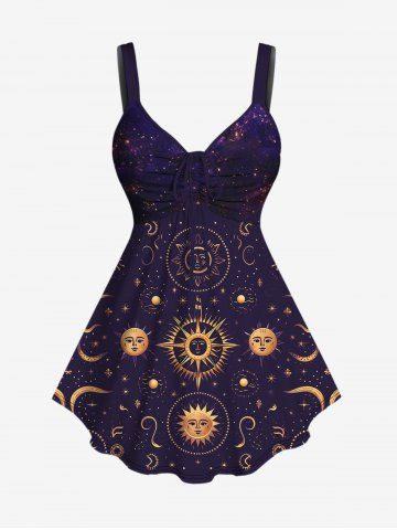 Gothic Sun Moon Star Galaxy Print Cinched Tank Top - DEEP BLUE - L
