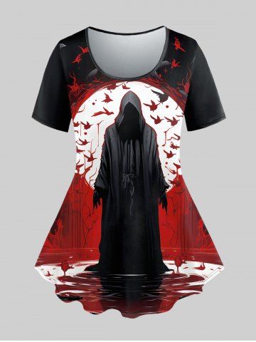 Halloween Wizard Bird Bloody Print Short Sleeves T-shirt - BLACK - 6X