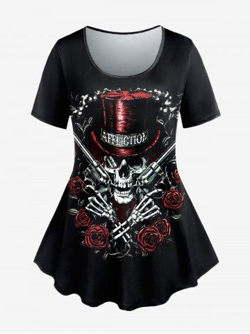 Halloween Plus Size Skull Hat Gun Rose Print T-shirt - BLACK - 1X