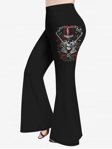 Halloween Plus Size Hat Skull Gun Rose Print Flare Pants - BLACK - XS