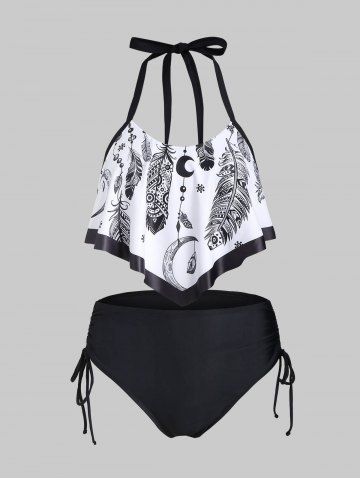 Feather Print Flounce Cinched Tankini Swimwear