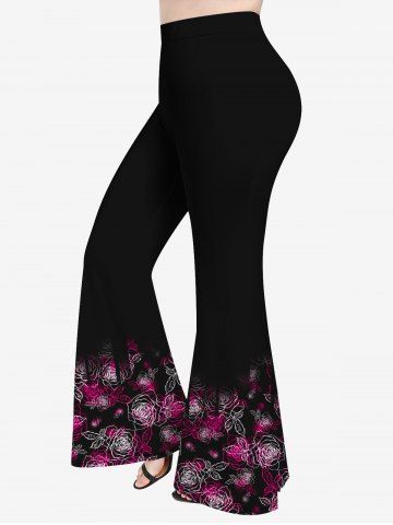 Plus Size Flower Leaves Print Flare Pants - DEEP RED - L