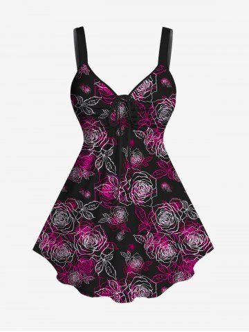 Plus Size Flower Leaves Print Cinched Tank Top - DEEP RED - XS