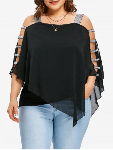 Plus Size Chiffon Hollow Out Sleeves Cold Shoulder Asymmetric Shirt