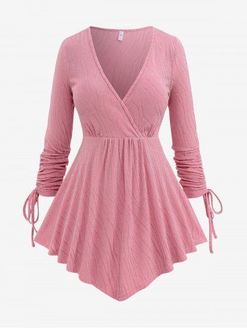 Plus Size Cinched Sleeves Textured Ruched Glitter Asymmetric Surplice T-shirt - LIGHT PINK - M | US 10