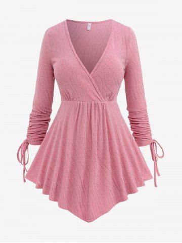 Plus Size Cinched Sleeves Textured Ruched Glitter Asymmetric Surplice T-shirt - LIGHT PINK - 3X | US 22-24